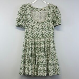 Krewe Du Q Green Floral Toile Puff Sleeve Cottagecore Mini Dress Size S